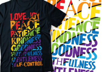 Love, joy, peace, patience, kindness, goodness, faithfulness, gentleness, self-control. rainbow text design