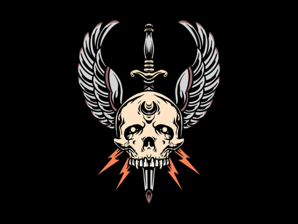 Winged skull and thunder oldschool t shirt design for sale