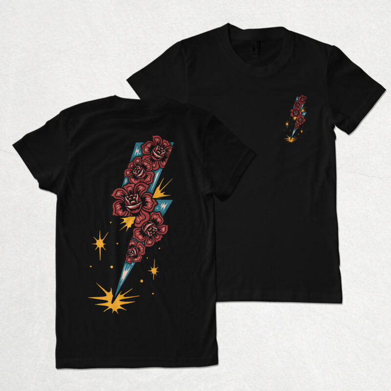 Thunderbolt and rose illustration design for t-shirt