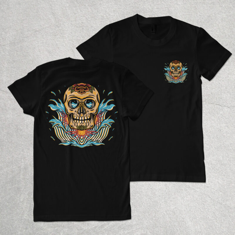 Skull and wave traditional t-shirt design