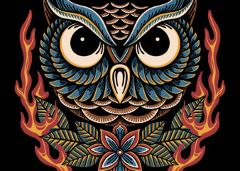 Owl and flame traditional illustration fpr t-shirt design