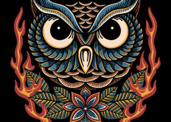 Owl and flame traditional illustration fpr t-shirt design