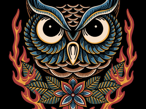 Owl and flame traditional illustration fpr t-shirt design