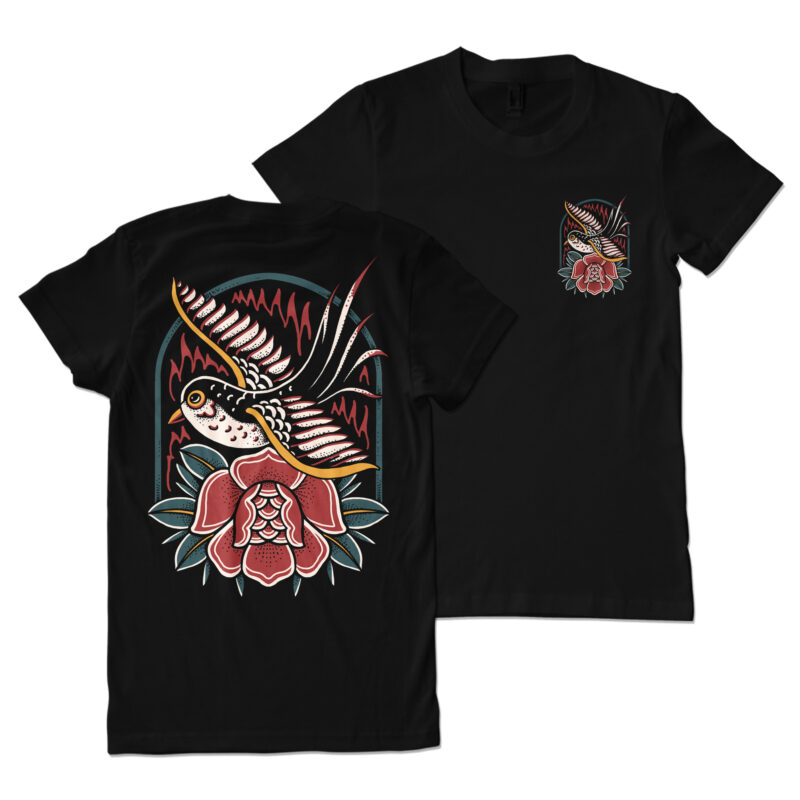 Flying swallow and rose t-shirt design