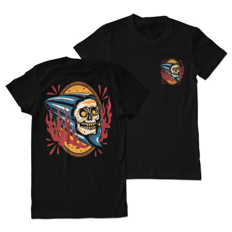 Skull and flame traditional style for t-shirt design