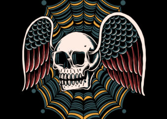 Traditional flying skull for t-shirt design