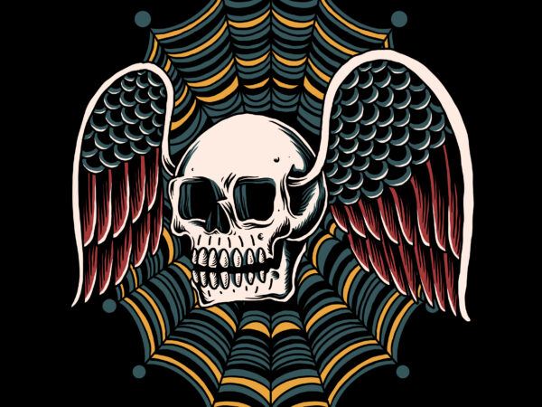 Traditional flying skull for t-shirt design