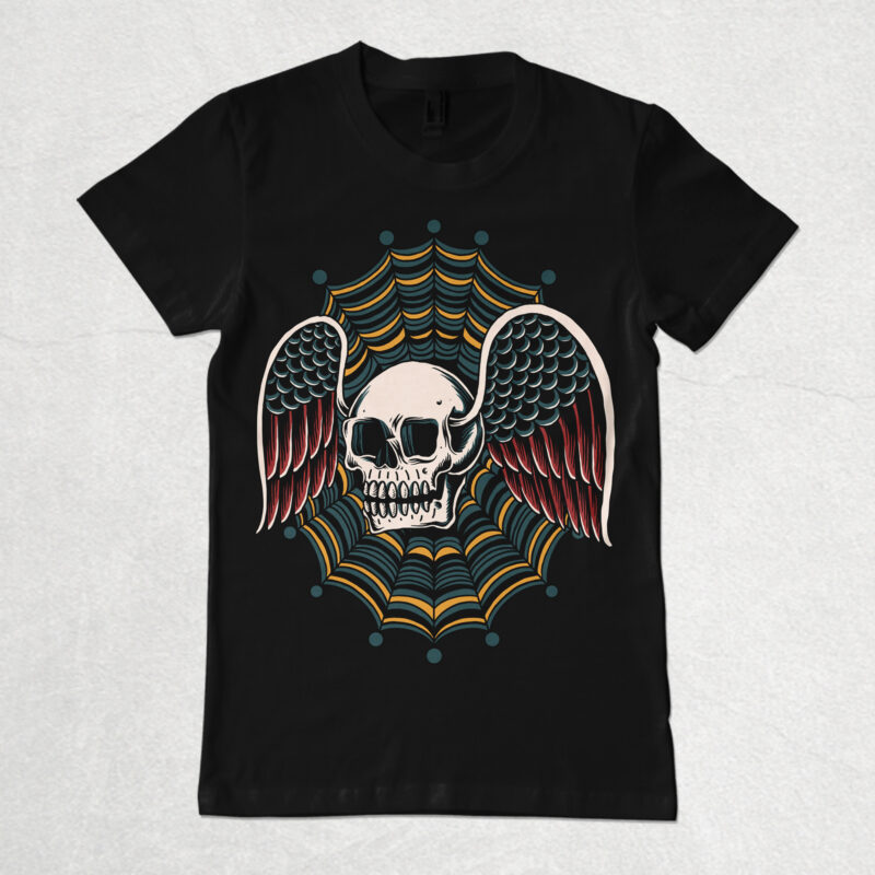 Traditional flying skull for t-shirt design