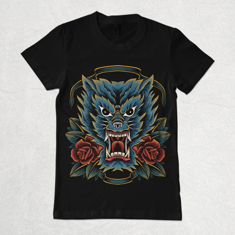 Wolf traditional style for t-shirt design