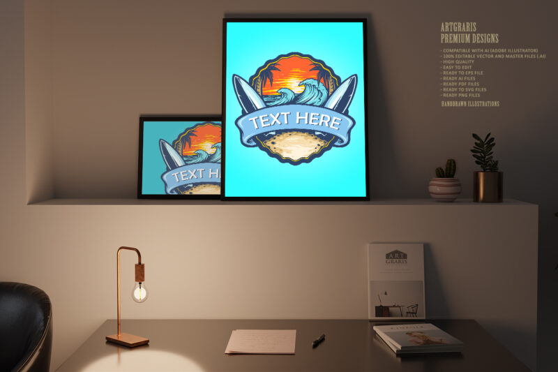 Surf Board Logo Landscape Vintage