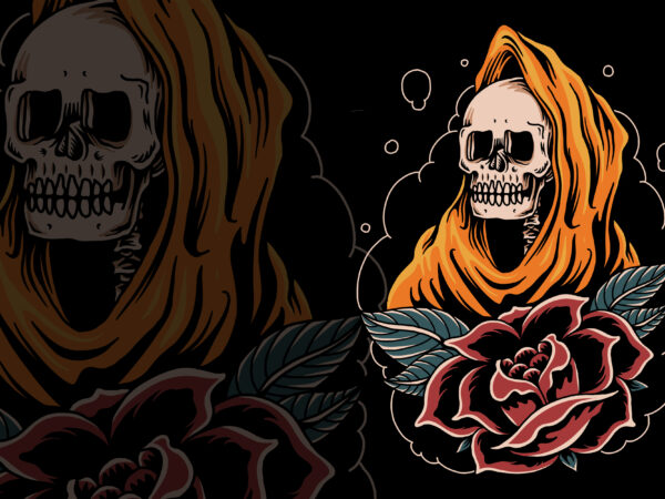Orange skull traditional illustration for t-shirt