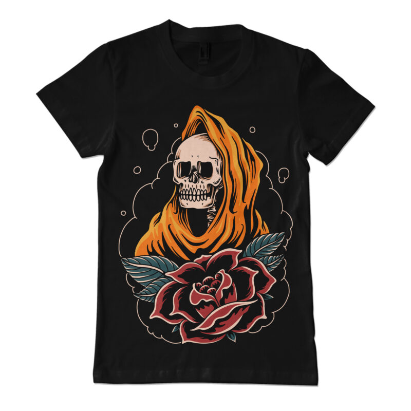Orange skull traditional illustration for t-shirt
