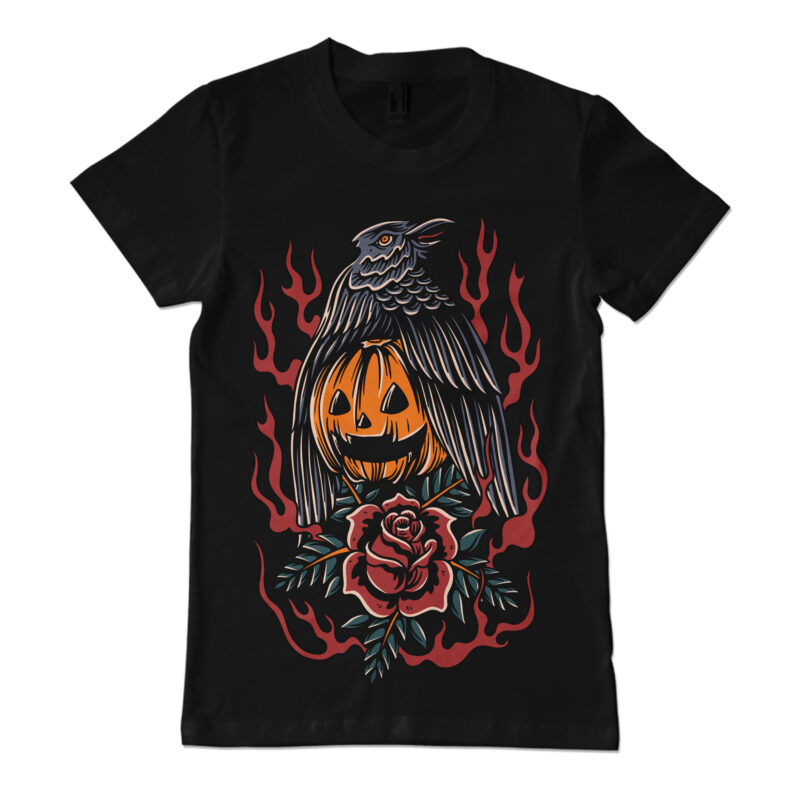Crow and pumpkin halloween theme illustration for t-shirt