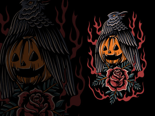 Crow and pumpkin halloween theme illustration for t-shirt