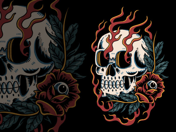 Skull and eye of roses traditional t-shirt design