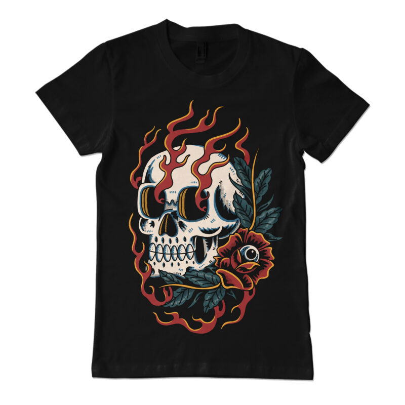 Skull and eye of roses traditional t-shirt design