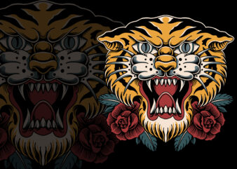 Tiger head traditional illustration for t-shirt