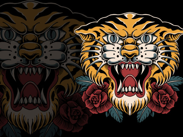 Tiger head traditional illustration for t-shirt