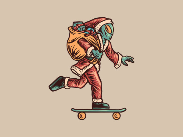 Santa alien skateboarding t shirt template vector