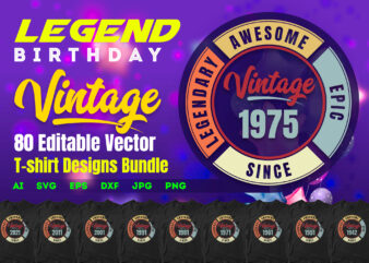 1 to 80 Years of Legend Birthday Vintage Editable Vector T-shirt Designs Bundle in Ai Svg Png Files