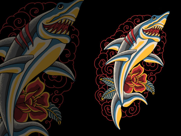 Oriental shark illustration for t-shirt