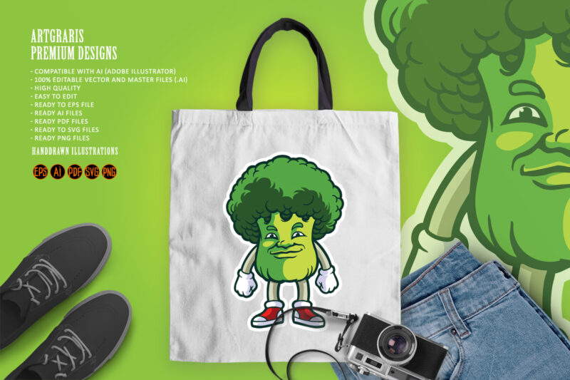 Broccoli vegetable mascot cartoon colorful