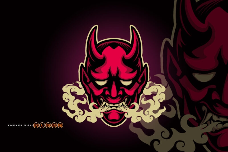 Scary smoke red hannya mask logo mascot