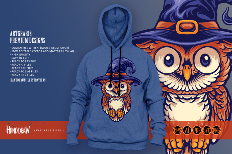 Owl Cute Wearing a Witch’s Hat Mascot Illustrations