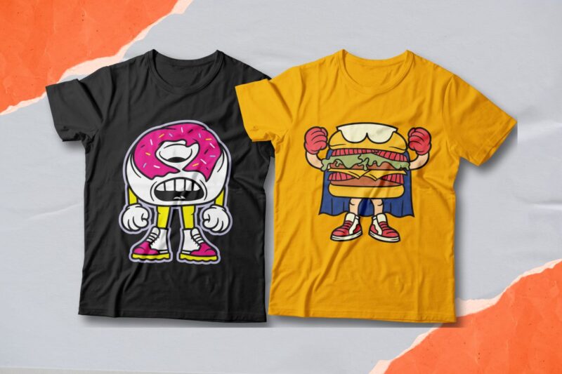 Junk food cartoon t-shirt designs bundle, Junk food character, Cool t-shirt design, Creative t-shirt design, Urban streetwear, Trendy graphic tee shirt