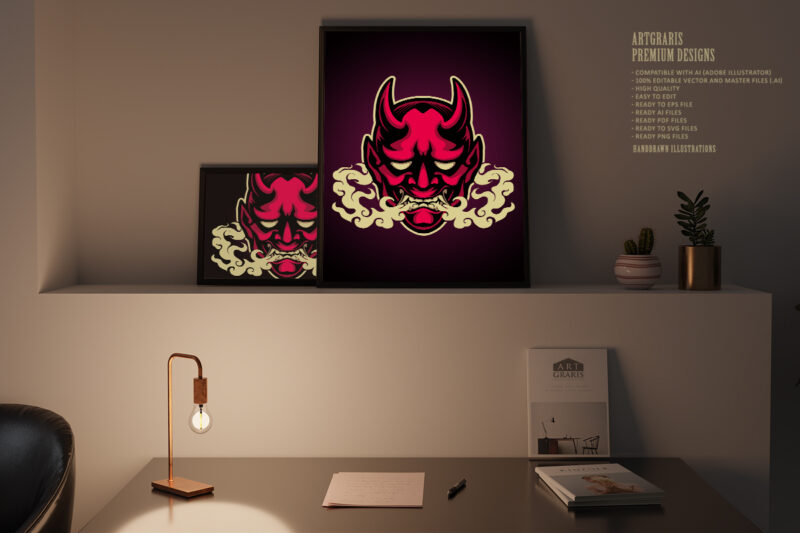 Scary smoke red hannya mask logo mascot