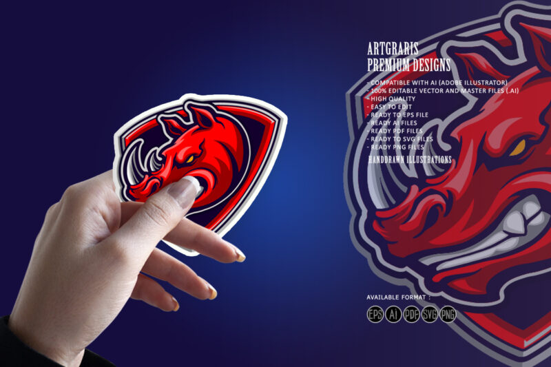 Red Rhino Head Mascot Shield Logo