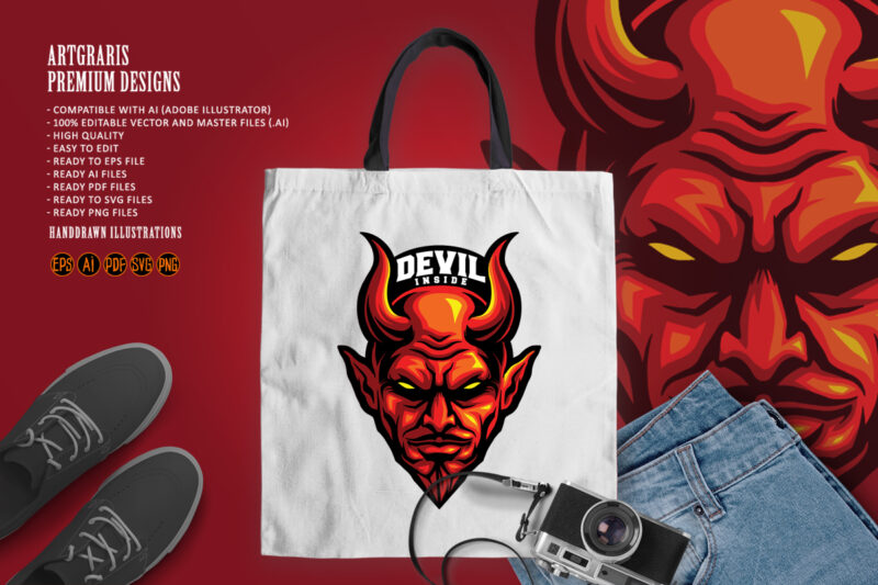 Red Devil Head With Horn Mascot Satanic