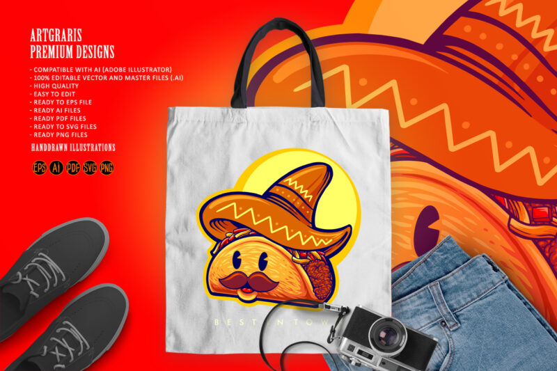 Cute mustache tacos logo mascot Illustrations