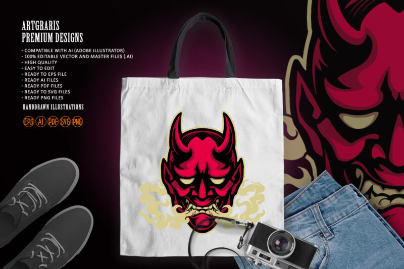 Scary smoke red hannya mask logo mascot