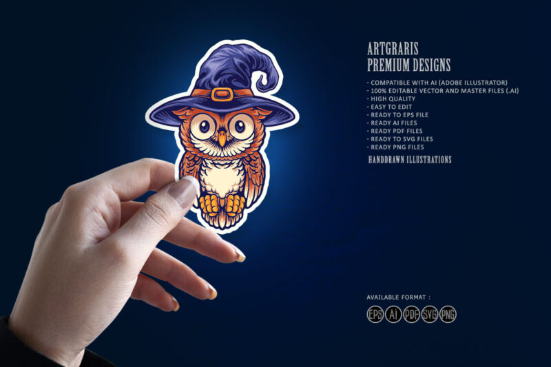 Owl Cute Wearing a Witch’s Hat Mascot Illustrations